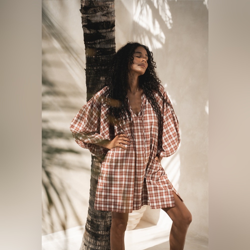 Daughters of India Poet Mini Dress in Red Clay Plaid Medium